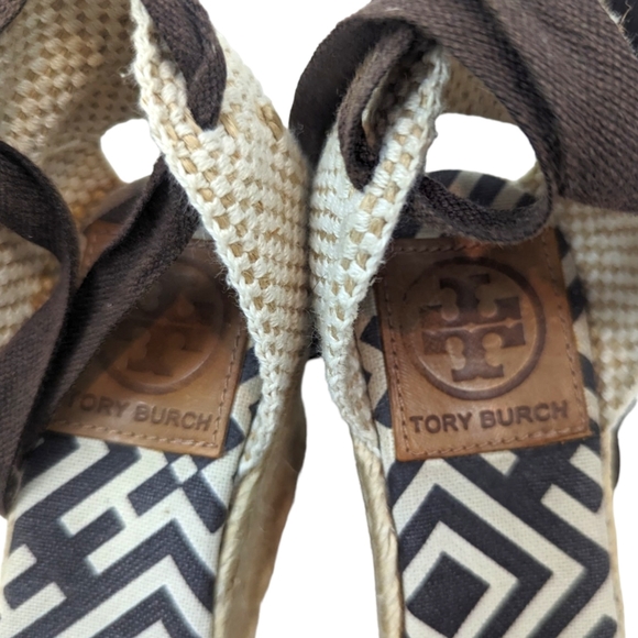 Tory Burch Wedge Espadrilles Womens 37 6.5 Black Natural Tie Ankle Heels - Picture 8 of 13